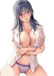  1girl arms_under_breasts black_hair blue_eyes blush breast_hold breasts collarbone crossed_arms female_pubic_hair hair_between_eyes highres jewelry kneeling lace-trimmed_panties lace_trim large_breasts long_hair looking_at_viewer navel nipples no_bra open_clothes open_mouth open_shirt original panties pubic_hair purple_panties ring rokko see-through shirt short_sleeves simple_background smile solo underwear wedding_ring wet wet_clothes wet_hair wet_panties wet_shirt white_shirt 