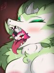 anthro areola big_breasts blush bodily_fluids breasts canid canine canis class_zero clothing crown digital_media_(artwork) dragon duo e-01 eyes_closed female fur generation_5_pokemon generation_7_pokemon genitals green_body green_fur hair headgear jewelry legendary_pokemon lycanroc maggy_(lycan) mammal midnight_lycanroc multicolored_body multicolored_fur mythological_creature mythological_scalie mythology nintendo nude open_mouth oral_vore pink_body pokemon pokemon_(species) red_eyes reshiram saliva scalie simple_background size_difference soft_vore teeth tongue tongue_out two_tone_body two_tone_fur vore white_body white_fur zero_one