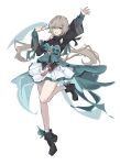  1girl absurdres aqua_skirt arm_up black_footwear black_shirt brown_hair floating_hair full_body green_eyes hair_ornament hand_up highres honkai:_star_rail honkai_(series) layered_skirt long_sleeves looking_at_viewer low_twintails open_mouth qingque_(honkai:_star_rail) shirt simple_background skirt smile socks solo standing standing_on_one_leg twintails white_background white_skirt white_socks zaaaki_7 