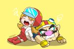  1boy 1girl big_nose closed_eyes coat dress facial_hair fingerless_gloves gloves goggles goggles_on_headwear helmet mona_(warioware) mustache mustache_stubble omu_(sinsindan) orange_hair pointy_ears red_dress simple_background stubble sweat wario warioware warioware:_get_it_together! white_coat yellow_background yellow_gloves 