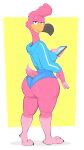  absurd_res anthro avian beak big_butt bird bottomwear breasts butt cellphone clothed clothing electronics eyelashes feet female fingers flamingo full-length_portrait half-closed_eyes hi_res hoodie looking_at_viewer multicolored_body narrowed_eyes non-mammal_breasts phone pink_body portrait shorts solo standing tail toes topwear two_tone_body usnarbit 