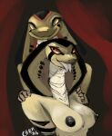 anthro areola black_nipples breasts cobra duo female female/female hand_on_shoulder hi_res kiisa niisa nipples non-mammal_breasts non-mammal_nipples nude open_mouth orange_eyes reptile scalie sibling_(lore) signature simple_background smile snake stripes tongue tongue_out unknown_artist yellow_eyes
