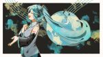  1girl bare_shoulders beamed_eighth_notes black_sleeves blue_hair blue_nails blue_necktie closed_eyes collared_shirt cowboy_shot detached_sleeves facing_ahead from_side globe grey_shirt hair_between_eyes hand_on_own_chest hatsune_miku highres long_hair long_sleeves musical_note nail_polish nanase_(nanataroo_7) necktie number_tattoo profile quarter_note shirt sidelocks sleeveless sleeveless_shirt solo staff_(music) tattoo tie_clip twintails very_long_hair vocaloid 