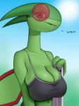  anthro big_breasts bodily_fluids bra breasts cleavage clothed clothing creatiffy digital_media_(artwork) dragon english_text female flygon generation_3_pokemon hi_res huge_breasts looking_at_viewer mythological_creature mythological_scalie mythology navel nintendo pokemon pokemon_(species) scalie simple_background smile solo sports_bra sweat teeth text underwear wings 