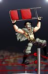 bad_id bad_tumblr_id banned_artist beowulf_(skullgirls) black_hair cape chair dani_grew folding_chair male_focus manly pelt skullgirls solo suspenders the_hurting weapon wrestling_ring 