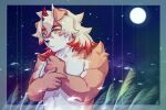 1boy abs absurdres arknights colored_tips commentary_request full_moon furry furry_male highres horns hung_(arknights) komainu_boy komainu_ears looking_to_the_side male_focus moon multicolored_hair night night_sky orange_eyes pectorals signature single_horn sky star_(sky) topless_male yu_zhu_qwq 