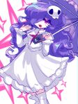  1girl :d dress facial_mark hair_ornament hair_over_one_eye hand_up highres holding holding_umbrella long_hair mahou_shoujo_magical_destroyers murasakigezi purple_hair purple_nails purple_umbrella red_eyes skull_hair_ornament slayer_(magical_destroyers) smile umbrella very_long_hair wavy_hair white_background white_dress 