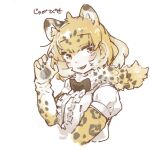  1girl animal_ears animal_print black_bow black_bowtie black_hair blonde_hair bow bowtie center_frills cropped_torso ears_visible_through_hair elbow_gloves extra_ears fang frills fur_scarf gloves grey_hair hand_up highres jaguar_(kemono_friends) jaguar_ears jaguar_print kemono_friends looking_at_viewer medium_hair multicolored_hair open_mouth print_gloves scarf shirt short_sleeves smile solo toki_reatle upper_body white_shirt yellow_eyes 