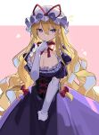  1girl blonde_hair breasts choker cleavage closed_mouth commentary commentary_request dress elbow_gloves falken_(yutozin) gloves hair_between_eyes hat highres large_breasts long_hair mob_cap pink_background purple_dress purple_eyes red_choker red_ribbon revision ribbon ribbon_choker solo touhou two-tone_background white_background white_gloves white_hat yakumo_yukari 