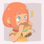  1girl blue_eyes burger child commentary daughter_(yoru_mac) eating english_commentary food food_bite freckles highres holding holding_burger holding_food mcdonald&#039;s misakili onion orange_hair pickle sad short_hair solo tagme tears yoru_mac 
