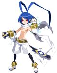  1boy antenna_hair belt blue_hair cross demon_boy disgaea disgaea_rpg full_body gauntlets gloves harada_takehito highres laharl laharl_(thunderlord_laharl) light_persona looking_at_viewer male_focus navel official_art pointy_ears red_eyes scarf shoes shorts smile solo sword topless_male transparent_background weapon white_scarf 