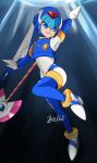  1girl armor artist_name blue_armor blue_eyes blue_footwear blue_helmet crop_top fairy_leviathan_(mega_man) fins forehead_jewel full_body head_fins holding holding_polearm holding_weapon light_rays mega_man_(series) mega_man_zero_(series) polearm solo spear underwater weapon zko162 