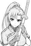  1girl breasts closed_mouth earrings eyelashes fingerless_gloves fire_emblem fire_emblem:_the_blazing_blade gloves holding holding_sword holding_weapon jewelry katana large_breasts long_hair looking_at_viewer lyn_(fire_emblem) monochrome ponytail short_sleeves simple_background smile solo sword ten_(tenchan_man) upper_body weapon white_background 