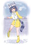 1girl absurdres animal_ears black_hair blush boots brown_eyes chai_chai_huishi coat common_raccoon_(kemono_friends) full_body grey_hair highres kemono_friends kemono_friends_3 long_sleeves looking_at_viewer multicolored_hair open_mouth outdoors raccoon_ears raccoon_girl raccoon_tail rain raincoat rubber_boots short_hair skirt smile solo tail white_hair yellow_coat yellow_footwear yellow_raincoat 