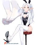  1girl alternate_costume artist_name blush closed_mouth earrings feet frieren green_eyes jewelry leotard long_hair looking_at_viewer parted_bangs playboy_bunny pointy_ears sidelocks simple_background sitting smile solo sousou_no_frieren sydus toes twintails white_background white_hair 