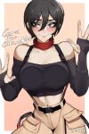  1girl artist_name belt black_belt black_hair black_shirt blush breast_press breasts brown_pants collarbone commission crop_top eyelashes grey_hair hair_between_eyes highres linea_alba mikasa_ackerman navel off-shoulder_shirt off_shoulder orouu pants red_scarf scarf shingeki_no_kyojin shirt short_hair smile solo suspenders 