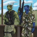  1:1 anthro argonian bethesda_softworks blue_body blue_eyes blue_scales camo camo_clothing camo_print clothed clothing duo gear genitals gun holding_object holding_weapon horn looking_at_viewer male microsoft muscular muscular_anthro muscular_male pattern_clothing ranged_weapon reptile scales scalie shen_(archshen) smile spikes tail tall_lizzard_(artist) the_elder_scrolls topwear tristen weapon 