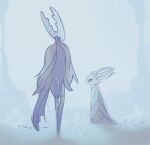  2others arthropod_limbs black_cloak cloak crown ded-lime dress highres hollow_eyes hollow_knight horns king looking_at_another multiple_others pure_vessel standing walking white_background white_cloak 