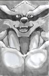 absurd_res anthro canid canine canis demon fangs fox hi_res kurama male mammal monochrome muscular muscular_anthro muscular_male naruto open_mouth pecs pinumontbalou simple_background smile smiling_at_viewer solo solo_focus teeth tongue traditional_media_(artwork)