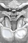  absurd_res anthro canid canine canis demon fangs fox hi_res kurama male mammal monochrome muscular muscular_anthro muscular_male naruto open_mouth pecs pinumontbalou simple_background smile smiling_at_viewer solo solo_focus teeth tongue traditional_media_(artwork) 