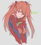  1girl azmuncher blue_eyes bodysuit commentary english_commentary grey_background highres interface_headset long_hair looking_at_viewer neon_genesis_evangelion parted_lips pilot_suit plugsuit red_bodysuit red_hair solo souryuu_asuka_langley 