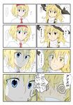  2girls @_@ alice_margatroid animal_ears blonde_hair blue_eyes blush comic hair_ornament hair_ribbon hat headband kirisame_marisa long_hair mitsunara multiple_girls open_mouth ribbon short_hair touhou translated witch_hat yellow_eyes 