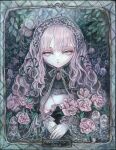  1girl acrylic_paint_(medium) border commentary_request doll dress expressionless flower goth_fashion hairband highres long_hair looking_at_viewer original painting_(medium) pink_eyes pink_flower pink_hair pink_rose portrait rose solo sumire_shisei traditional_media wavy_hair 