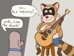 2024 anthro bottomwear canid canine canis clothing dialogue dog_(robot_dreams) domestic_dog duo english_text guitar hi_res kind_and_fair male mammal musical_instrument plucked_string_instrument procyonid raccoon rascal_(robot_dreams) robot_dreams shorts simple_background sitting slightly_chubby smile string_instrument text
