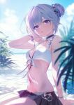  1girl absurdres amane_kanata amane_kanata_(7th_costume) beach bikini blue_hair blush breasts choker cleavage cloud cloudy_sky cowboy_shot dappled_sunlight double_bun hair_bun hashtag-only_commentary highres hololive jiang_ye_kiri looking_at_viewer medium_hair miniskirt parted_lips purple_eyes sitting skirt sky small_breasts solo star_(symbol) star_choker sunlight swimsuit upao_(amane_kanata) 