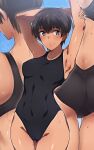  1girl armpits ass black_hair black_one-piece_swimsuit blue_eyes blush breasts closed_mouth collarbone covered_navel em_(totsuzen_no_hakike) large_breasts multiple_views one-piece_swimsuit original presenting_armpit short_hair smile sweat swimsuit 