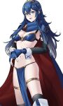  1girl ameno_(a_meno0) armor bikini bikini_armor blue_bikini blue_eyes blue_hair boots breasts cape elbow_gloves fingerless_gloves fire_emblem fire_emblem_awakening fold-over_boots gloves loincloth long_hair lucina_(fire_emblem) navel open_mouth shoulder_armor simple_background small_breasts smile solo standing swimsuit symbol-shaped_pupils tiara very_long_hair white_background 