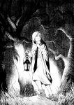  1girl bare_tree boots cloak commentary grass greyscale highres holding holding_lantern hood hooded_cloak lantern long_hair monochrome nakahara_roku night original outdoors solo tree walking 