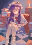  1girl absurdres book book_stack bow candle candlelight capelet checkered_floor cindy717 closed_eyes commentary dress hair_bow hat highres holding holding_book knees_up long_hair mob_cap pantyhose patchouli_knowledge purple_dress purple_hair sitting sleeping socks solo touhou very_long_hair white_capelet white_pantyhose white_socks 