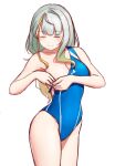  1girl a.i._voice blue_one-piece_swimsuit braid braided_bangs closed_eyes clothes_pull commentary_request competition_swimsuit cowboy_shot dress_shirt facing_down gradient_hair green_eyes grey_hair medium_hair multicolored_hair one-piece_swimsuit one-piece_swimsuit_pull shirt simple_background solo sparkling_yudofu swimsuit tsunose_kotone white_background 
