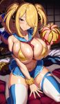  1girl absurdres bare_shoulders bikini blonde_hair blue_sailor_collar blue_skirt blush breasts cheerleader cleavage cynthia_(pokemon) detached_collar grey_eyes hair_over_one_eye highres kook large_breasts long_hair looking_at_viewer micro_bikini microskirt mirror navel neckerchief pokemon pom_pom_(cheerleading) reflection sailor_collar sitting skirt solo swimsuit thighhighs twintails wariza 