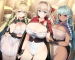  aqua_hair blonde_hair blue_eyes blush braid braided_sidelock breasts cameltoe cleavage cloak dark-skinned_female dark_elf dark_skin dress drill_hair elf eltolinde_(unicorn_overlord) green_cloak green_eyes hair_intakes hair_ribbon highres kashiwamochi_yomogi large_breasts leotard long_hair pointy_ears purple_cloak ribbon rosalinde_(unicorn_overlord) scarlett_(unicorn_overlord) see-through see-through_dress siblings side_braids sisters smile unicorn_overlord variant_set very_long_hair white_leotard 