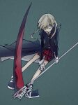  1girl blonde_hair blue_background cardigan collared_shirt gloves green_eyes green_necktie hair_over_one_eye highres holding holding_scythe hunched_over maka_albarn necktie plaid plaid_skirt scythe shirt skirt soul_eater twintails user_yddr3472 white_gloves 