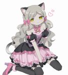  01sh110sush1 1girl :3 alternate_costume animal_ears bare_shoulders bell black_thighhighs blush breasts cat_ears cat_tail choker closed_mouth collarbone detached_sleeves dot_nose dress expressionless fake_animal_ears fake_tail fur-trimmed_dress fur_trim hair_ribbon half-closed_eyes handa_roco hands_on_ground heart highres idolmaster idolmaster_million_live! idolmaster_million_live!_theater_days layered_dress light_brown_hair long_hair looking_at_viewer neck_bell nyannyan_cat&#039;s_eye_(idolmaster) parted_bangs pink_footwear pink_ribbon puffy_detached_sleeves puffy_sleeves ribbon ribbon-trimmed_dress ribbon_choker simple_background sitting small_breasts solo tail thighhighs twintails very_long_hair wariza wavy_hair white_background 