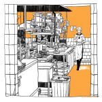  1boy :q apron chef itowo_(itowc) kitchen loaded_interior male_focus monochrome one_eye_covered one_piece orange_theme sanji_(one_piece) short_hair solo tongue tongue_out 