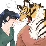  1boy 1girl animal_ear_fluff animal_ears black_hair body_fur closed_eyes commentary_request ear_piercing fangs green_shirt highres looking_at_another open_mouth orange_fur orange_shirt original piercing ponytail rata_(norahasu) red_eyes shirt simple_background tiger_boy tiger_ears translation_request upper_body whiskers white_background 