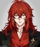  1boy alternate_costume black_suit closed_mouth collared_shirt diluvio earrings eriimyon genshin_impact glasses highres jewelry long_hair male_focus necklace red_eyes red_hair red_shirt shirt simple_background solo suit white_background 