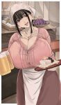  1girl alcohol apron artist_name beer beer_mug black_eyes black_hair breasts bright_pupils bush button_gap chichi8181 choppy_bangs cleavage collarbone commentary_request cup eggplant food gold_necklace head_tilt highres holding holding_cup holding_tray huge_breasts indoors izakaya jewelry kotobuki_haruna looking_at_viewer mug necklace open_mouth original pink_lips pink_shirt shirt sidelocks smile solo standing tenugui tofu tray waist_apron white_pupils 