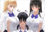  3girls black_hair black_skirt blonde_hair blue_bow blue_bowtie blue_eyes blush bow bowtie breasts closed_mouth collarbone collared_shirt commentary_request kaisen_chuui large_breasts long_hair long_sleeves looking_at_another multiple_girls open_mouth original school_uniform shirt shirt_tucked_in simple_background skirt upper_body white_background white_shirt 