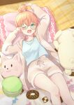  1girl absurdres aqua_eyes arms_up blue_shirt breasts brown_jacket brown_shorts collarbone commentary_request crossed_bangs drawstring food from_above hair_bun hair_ornament head_on_pillow highres hinoshita_kaho jacket knee_up link!_like!_love_live! looking_at_viewer loungewear love_live! lying macaron medium_breasts midriff_peek on_back one_eye_closed open_mouth orange_hair rabbit_hair_ornament rubbing_eyes shirt short_hair short_shorts shorts sidelocks single_hair_bun solo stuffed_animal stuffed_dog stuffed_toy tied_drawstring virtual_youtuber waking_up wavy_mouth yawning yutuki_ame 