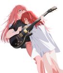  2girls black_shirt blue_eyes blush bocchi_the_rock! commentary_request cuddling electric_guitar gotoh_hitori guitar half-closed_eyes head_on_chest highres holding holding_guitar holding_instrument holding_plectrum hug instrument kita_ikuyo korean_commentary long_hair lying multiple_girls on_back pants pink_hair pink_pants pink_shorts plectrum shirt short_sleeves shorts simple_background sleeping sleeping_on_person track_pants white_background white_shirt yuri zhr100 