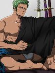  1boy abs alternate_costume bara black_kimono bulge dark-skinned_male dark_skin full_body fundoshi green_hair highres japanese_clothes kimono knee_up large_pectorals male_focus muscular muscular_male nipples one_piece pectorals pinattsu roronoa_zoro scar scar_across_eye sheath sheathed short_hair sideways_glance sitting solo spread_legs veins veiny_arms veiny_feet 