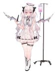  1girl :d absurdres amanatsu_leo bare_shoulders black_bow blush boots bow demon_horns demon_wings detached_wings dress frilled_dress frills full_body grey_hair grey_nails grey_wings halo hand_up highres holding holding_pen horns indie_virtual_youtuber intravenous_drip iv_stand long_hair looking_at_viewer mini_wings nail_polish pen purple_eyes simple_background sleeveless sleeveless_dress smile solo soukou_makura standing thigh_strap two_side_up virtual_youtuber watch white_background white_dress white_footwear wings wristwatch 