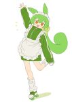  1girl :d apron blush collared_jacket frilled_apron frills green_hair green_jacket hair_between_eyes highres holding_own_foot jacket jersey_maid kneehighs leaning_to_the_side long_hair long_sleeves looking_at_viewer loose_socks low-tied_long_hair maid maid_headdress nakkasu no_pants open_mouth orange_eyes roller_skates shadow sidelocks skates sleeves_past_wrists smile socks solo standing standing_on_one_leg striped_clothes striped_jacket track_jacket unconventional_maid voicevox white_apron white_socks zundamon 