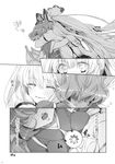  bird breasts close-up closed_eyes comic duck fujiwara_no_mokou greyscale hair_ribbon happy highres hug japanese_clothes kimono long_hair medium_breasts monochrome multiple_girls mystia_lorelei namisaki_yuka no_nose okamisty pushing ribbon sexually_suggestive short_hair tasuki touhou translation_request tress_ribbon very_long_hair yukata 