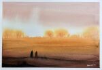  2others border day foliage forest highres hill mouen_tw multiple_others nature original painting_(medium) scenery shadow sunlight sunset traditional_media watercolor_(medium) white_border 